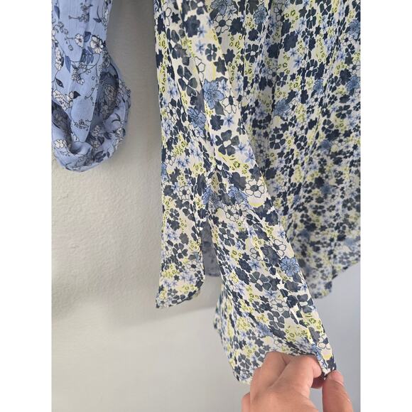 Figueroa & Flower Sheer Floral Button Down Blouse Blue Yellow Boho M Cottagecore - Picture 5 of 9